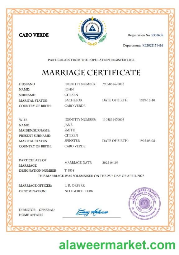 Cabo Verde marriage certificate Word and PDF template